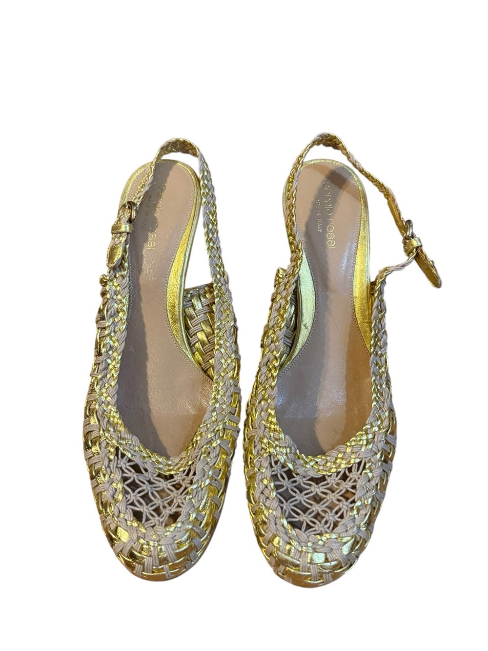 Sergio Rossi Gold Woven Leather Slingback Heels Made in Italy Size 40 - Picture 2 of 6